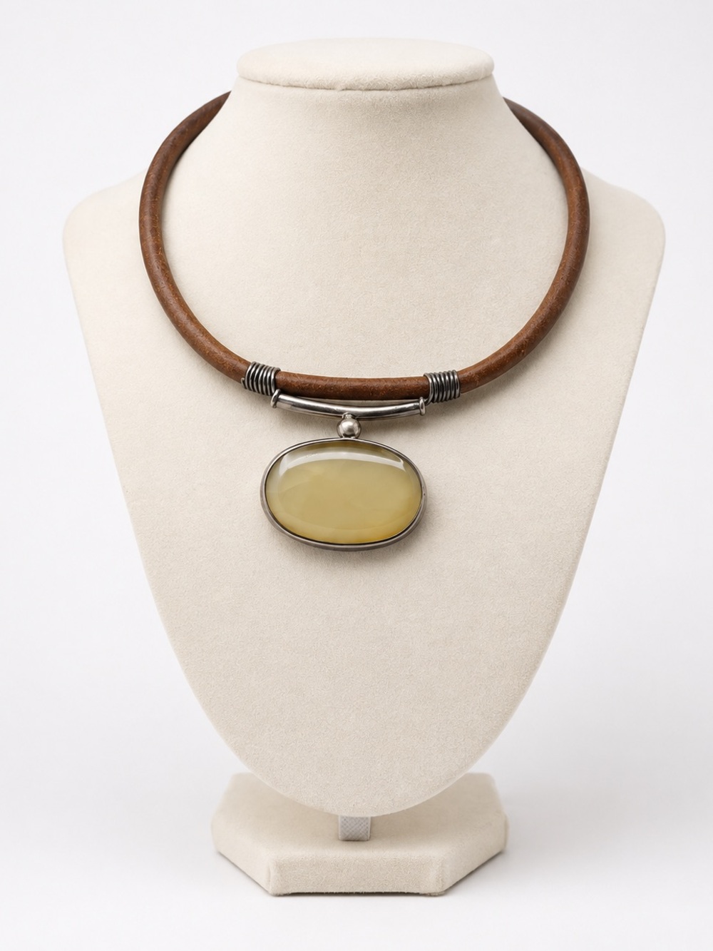 Brown Leather Choker Necklace with Yellow Oval Stone Pendant